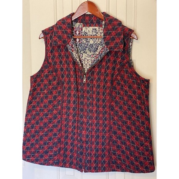 Quilted Reversible Full Zip Blue Red Paisley & Diagonal Plaid Women's Vest L - Picture 4 of 15